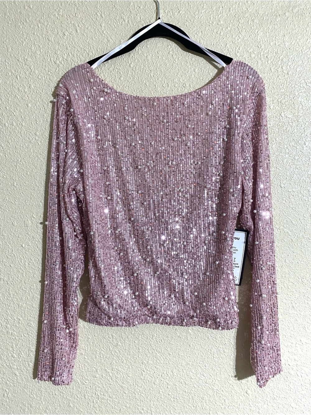 Alex and Sophia Pink Sequin Long Sleeve Open Back Top Size XL NWT